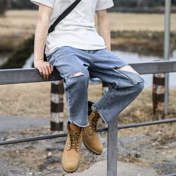 

Male Retro Fashion Streetwear Hip Hop Ankle-length Denim Pants Trousers Men Broken Hole Loose Casual Straight Jeans