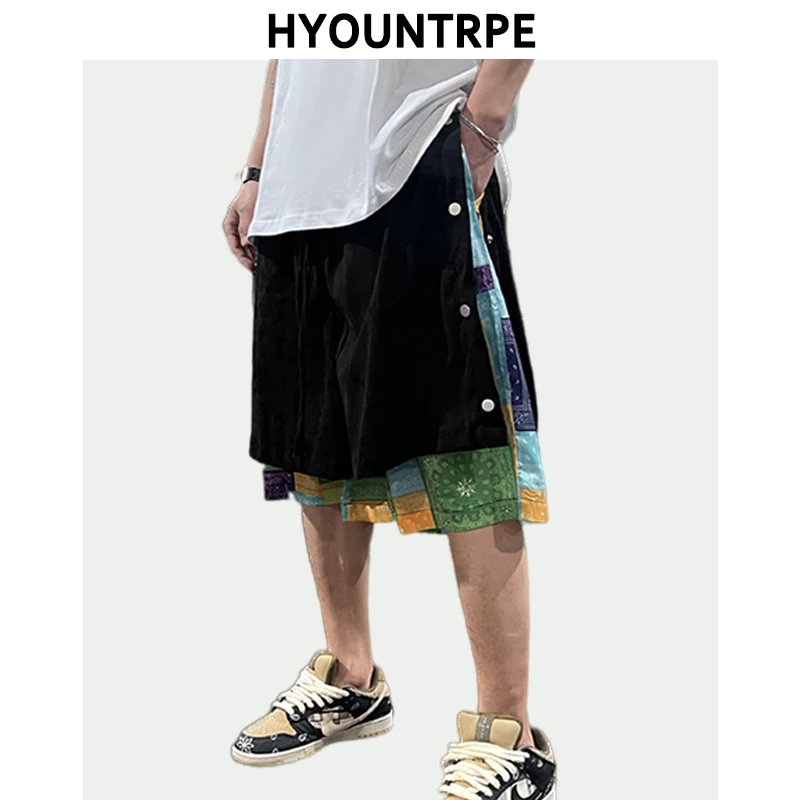 Men Side Buttons Patchwork Harajuku Straight Shorts New Elastic Waist Short Pants Joggers Hip Hop Streetwear Casual Sweatshorts
