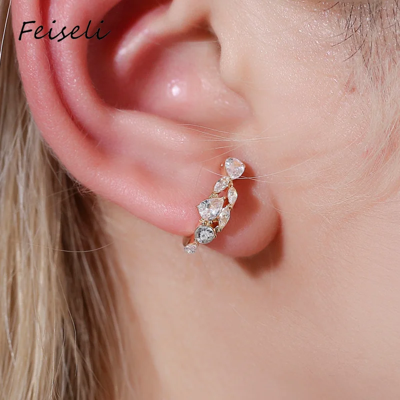 Feiseli 1pc Irregular Copper Crystal Leaves Flower Vine Clip Earring For Women Wedding Banquet Elegant Earring Trendy Jewelry