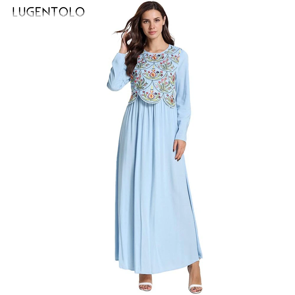 Lugentolo Women Dress Fashion Cozy Muslim Plus Size Big Swing Light Blue Plant Embroidered Casual Long Sleebe Loose Dresses