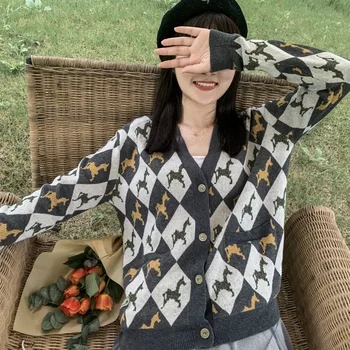 

Horse Jacquard Knitted Casual Women Cardigans,2020 Autumn Vintage Single Breasted Korean Ladies,Daily Basic Tops