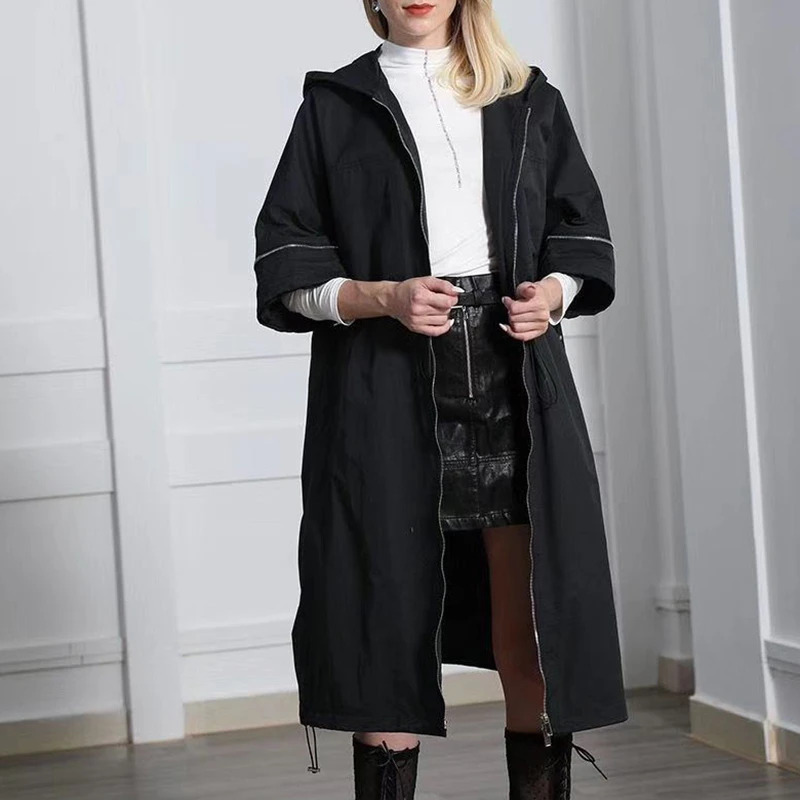 TWOTWINSTYLE Осенняя Женская ветровка с капюшоном, с коротким рукавом, на шнурке, на молнии, Женский Тренч, пальто, негабаритная модная новинка