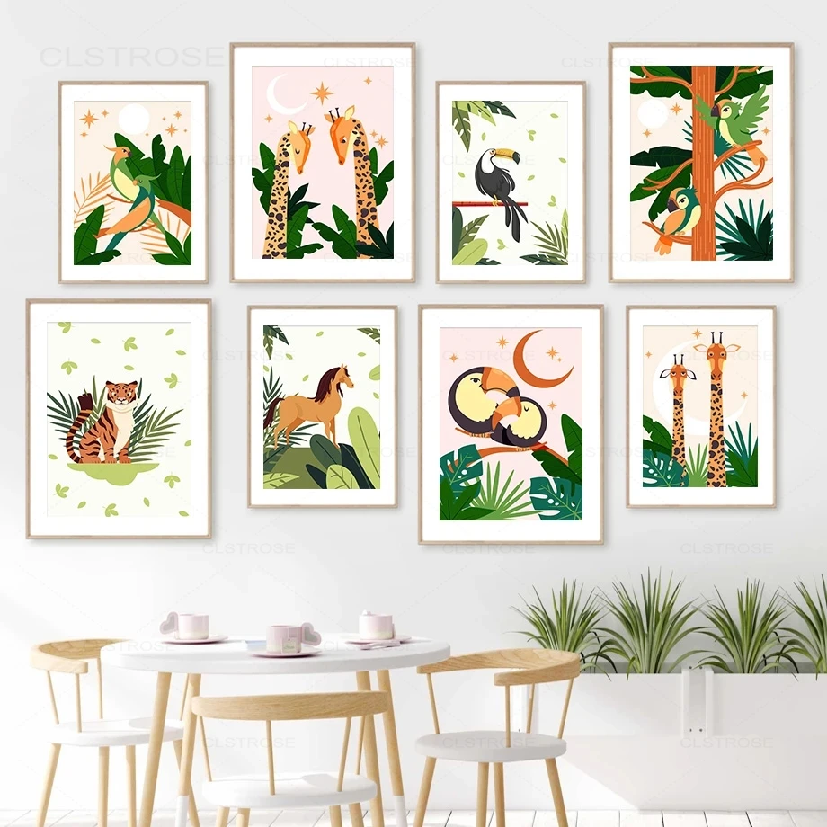 

Tropical Jungle Animal Nordic Posters and Prints Toucan Parrot Giraffe Tiger Canvas Painting Wall Pictures for Kids Room Decor