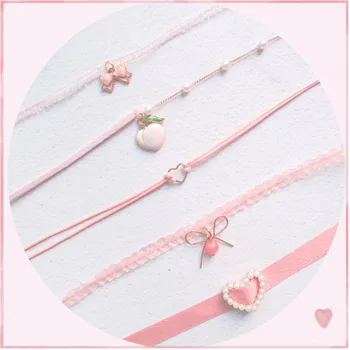 

Japanese Kpop 2020 Spring New Pink Peach Heart Pendant Choker Short Clavicle Necklaces Fashion For Girl Cute Aesthetic Jewelry