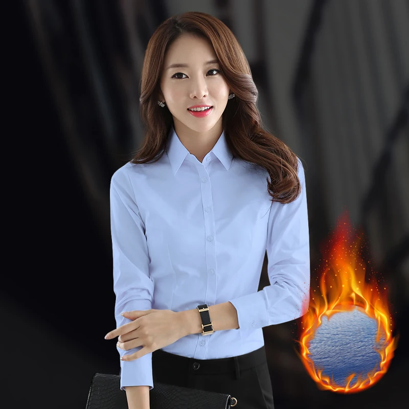 New Fashion Winter Quality Women Office Lady Formal Plus Velvet Thicking Long Sleeve Shirt Casual Solid White Blouse Tops