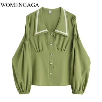 

Loose Women Green Pleated Split Vintage Blouse Lapel Long Sleeve Loose Fit Shirt Fashion Tide Spring Autumn 2020 PWIY