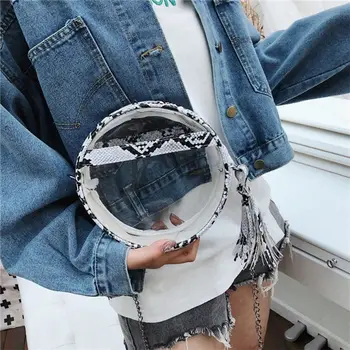 

Women Clear Snakeskin Pattern Crossbody Bag Round Transparent Purse Shoulder Handbag with Tassel Satchel Tote