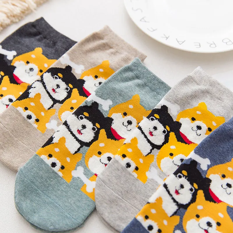 5 пар = 10 шт., осенние женские носки с изображением Шиба, 4 собаки, хлопковые забавные носки с рисунками, Harajuku Kawaii, милые носки, сохраняющие тепло, Симпсон