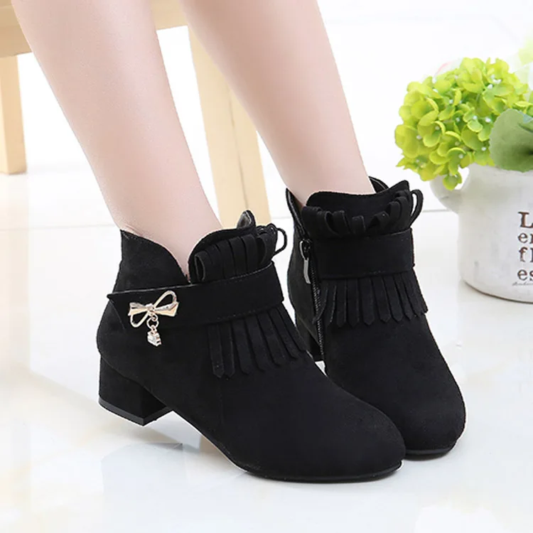 

Girls' Short Boots 2019 Winter New Style Tassels plus Velvet CHILDREN'S Shoes Small High Heel gong zhu xue Big Boy Children Leat