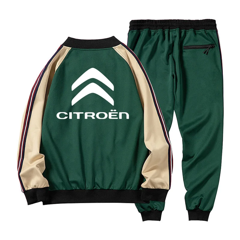 Fashion Spring Autumn Men's jacket Citroen Car Logo Printed high quality cotton stripe Men's sweatshirt + sweatpants 2-piece mens linen short sets