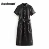 Aachoae PU Faux Leather Dress Women Short Sleeve Solid Casual Dress Stylish Turn Down Collar Pockets Dresses With Belt Vestidos ► Photo 1/6