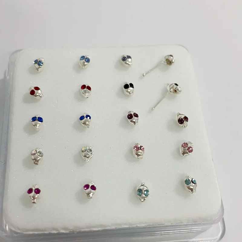 20pcs/set Skull Nose Rings & Studs Ball end Colorful Crystal Skeleton Nose Piercing Body Jewelry for women punk men Wholesale