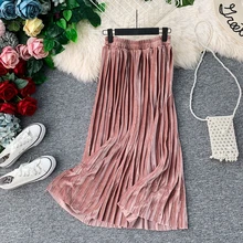 Женские милые юбки осенне-зимние элегантные однотонные плиссированные юбки женские юбки с эластичной резинкой на талии длиной до щиколотки черная юбка