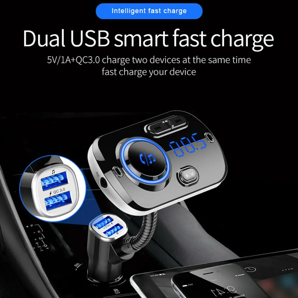 

Bluetooth 5.0 FM Transmitter QC3.0 Car charger Adapter MP3 Player dual USB Quick Charge Light Car Kit with Radio/TF card/Music
