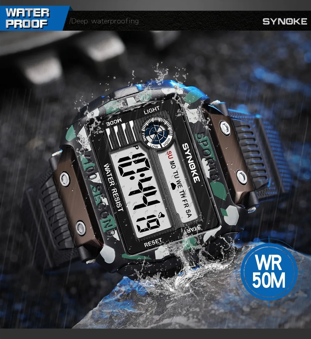 SYNOKE Sport Watch Men 50M Waterproof 10-year Battery Digital Watch Men Led Light Stopwatch Wrist Watch Men's Reloj Hombre 9801