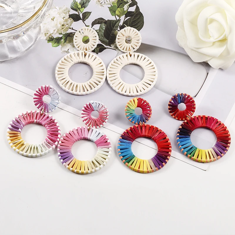 

HOCOLE Handmade Lafite Drop Earrings For Women Fashion Za 2019 Boho Gemetric Weave Raffia Earring Statement Jewelry Wholesale