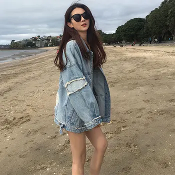

Women Spring And Autumn Fashion Korea Style Vintage Hole Denim Blue Jacket Female Casual Loose Jacket Coat Cloth