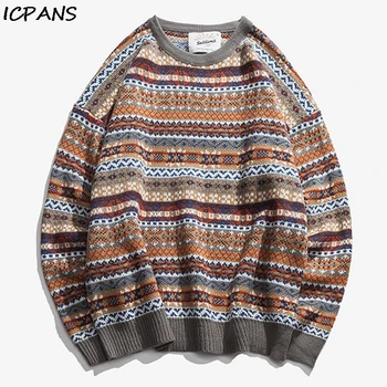 

ICPANS Folk-custom Sweaters Men Kin wear 2019 Autumn Fashion Mens Pullovers Harajuku Vintage Kintting Oversized Japanese style