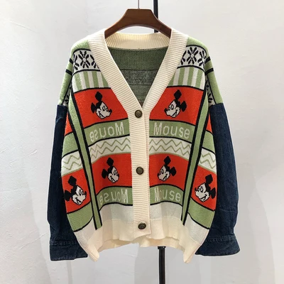 light green Вязаный свитер, кардиган, пальто для женщин, Осень-зима, v-образный вырез, деним, с длинным рукавом, Микки, свитер, женские свободные кардиганы, свитера - Цвет: light green