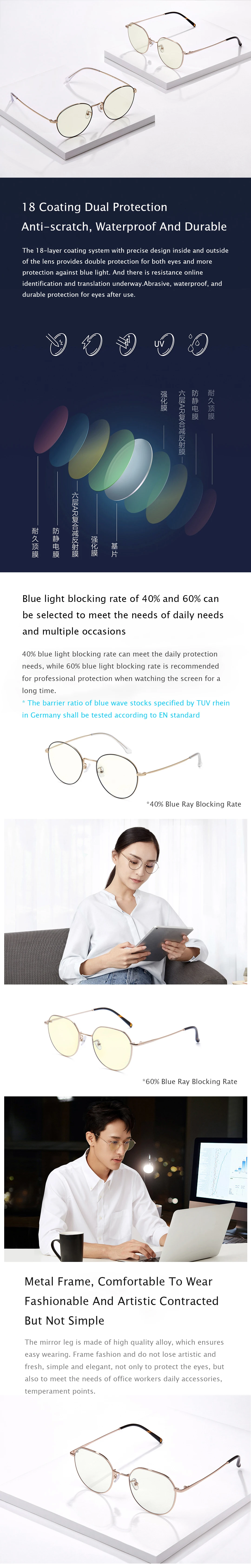Xiaomi металлическая оправа анти синий свет УФ защита очки для мужчин и женщин компьютерные игровые очки Смола против царапин очки