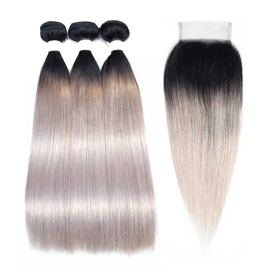 -De OT de plata pelo peruano mechones con cierre pelo recto mechones con cierre Remy extensiones de cabello humano mechones con cierre
