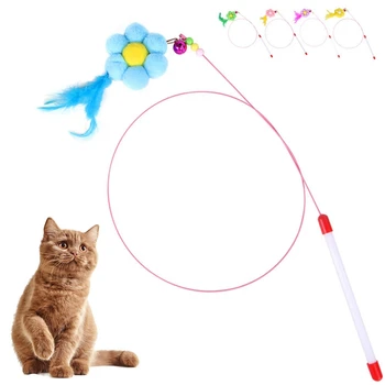 

Bird Feather Rod Toy Cat Pet Wand Teasing with Colored Beads Steel Wire Spring Kitten Interactive Scratching Playing Training