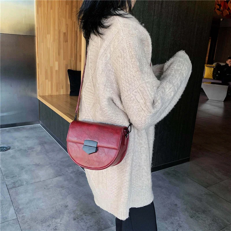 Solid Color PU Leather Saddle Bags For Women Small Crossbody Shoulder Messenger Bag Female Handbags and Purses