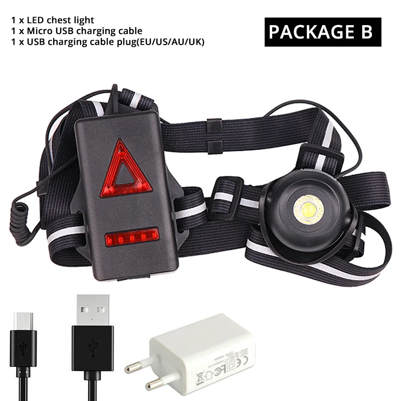 Package B Супер яркий светодиодный нагрудный фонарик светодиодный фонарик 2 режима освещения с красный хвост, предупреждение свет встроенный литий-ионная аккумуляторная батарея - Испускаемый цвет: Package B