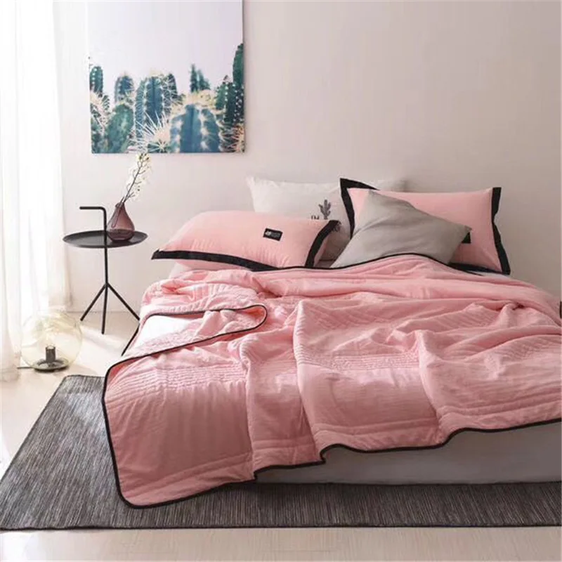 

MUJI-style Washed Cotton Summer Blanket Solid Color Summer Quilt Fashion Stripes Gift Quilted Airable Cover