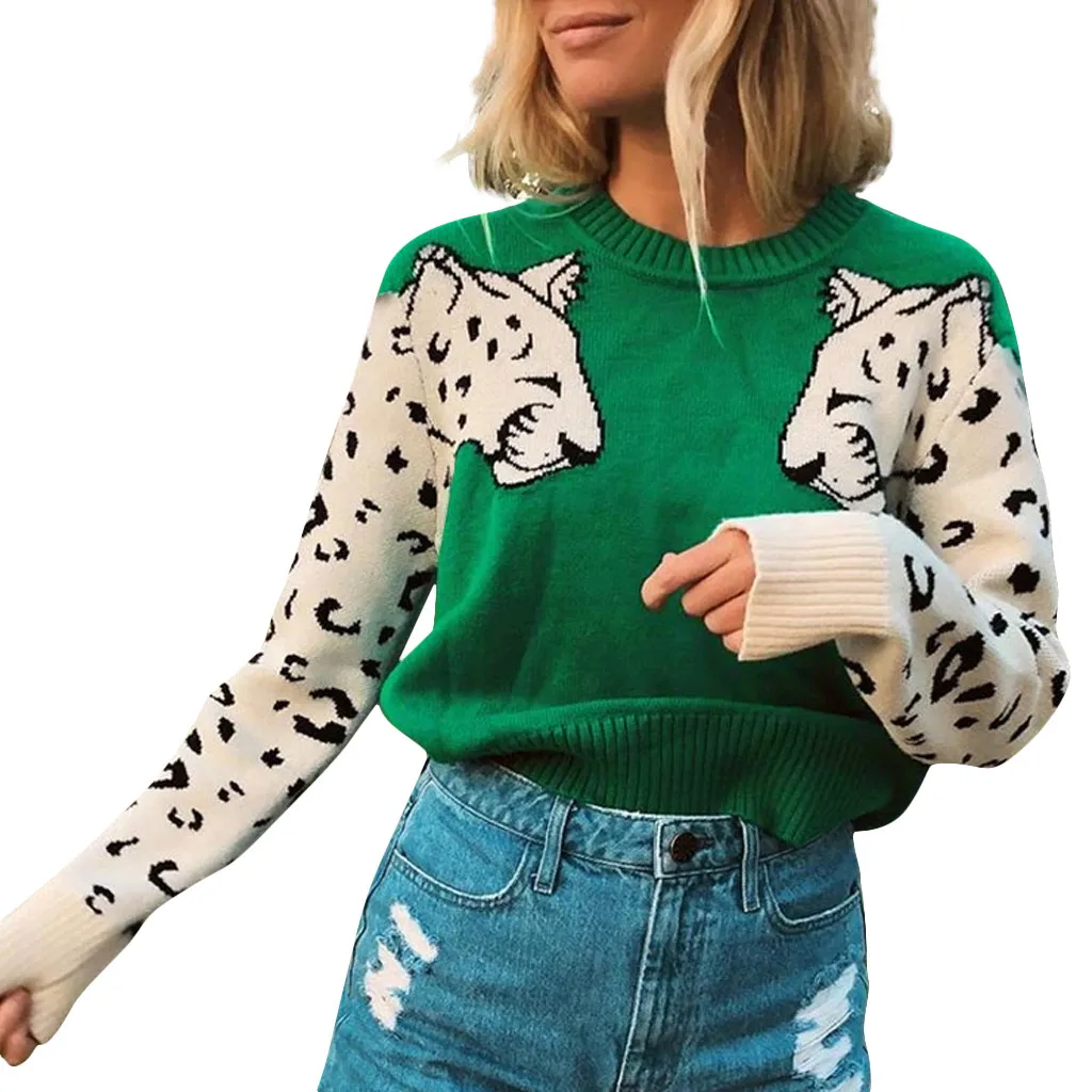 Jaycosin Fashion Women Simple Wild Animal Print Patchwork Sweater Stylish Long Sleeve Comfortable Casual Loose Top Blouse 928#4