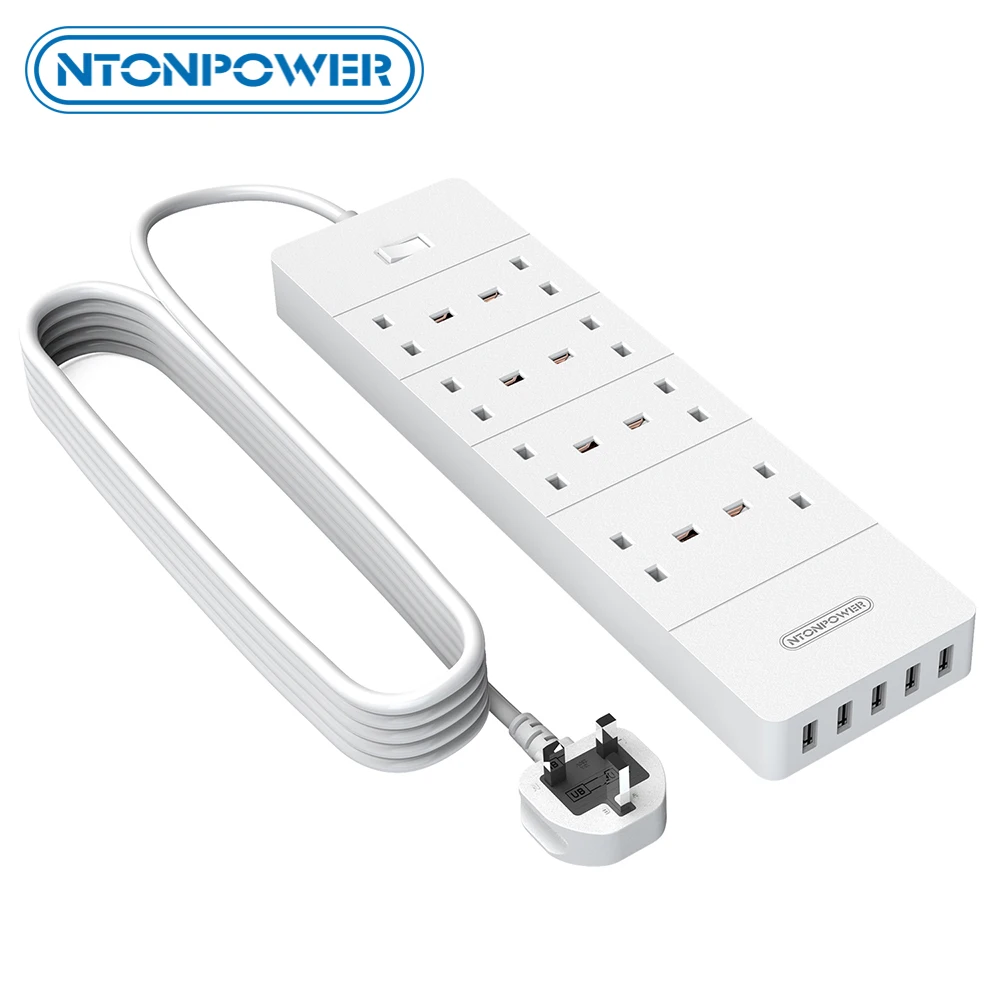 

NTONPOWER 3250W UK Plug with 3m Extension Lead 1700J Surge Protector 8 AC Socket 5 USB Power Strip with 13amp Cable