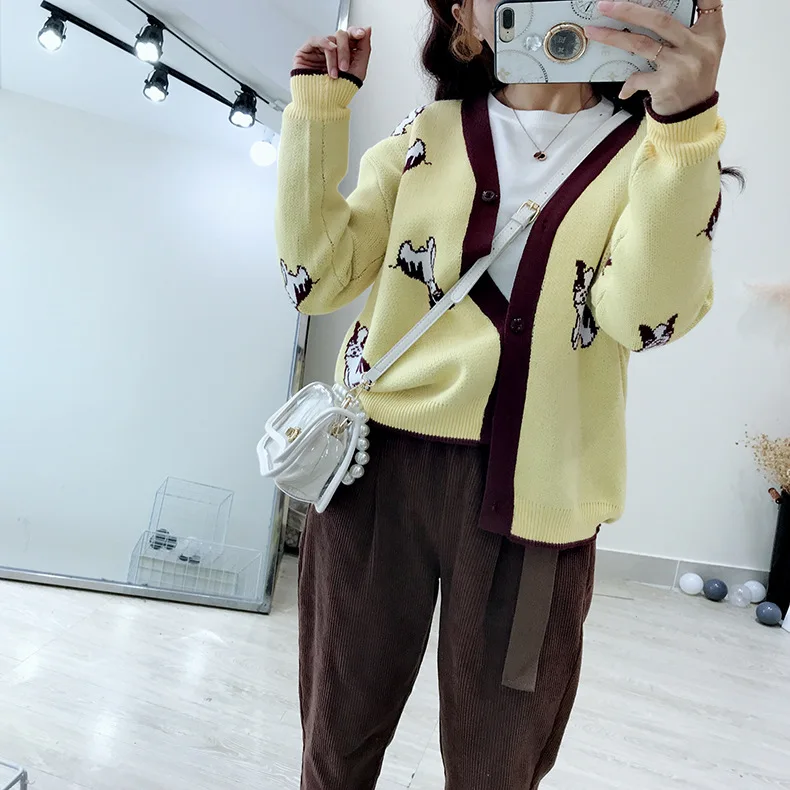 Women's Sweaters Autumn Winter fashionable Casual Printed V-Neck Cardigans Single Breasted Puff Sleeve Loose Sweater