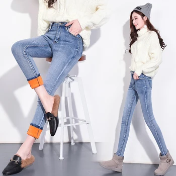 

Plus Size Fleeces Warm Winter Jeans For Women High Waisted Stretchy Skinny Jeans Ladies Thick Push Up Jeans Pencil Denim Pants