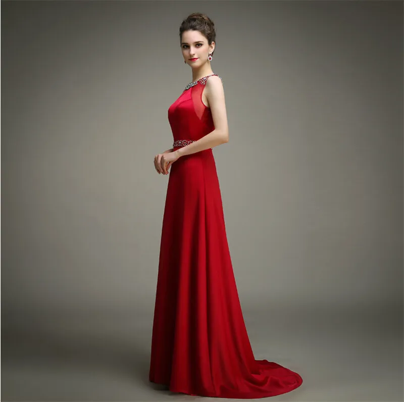 

Elegant Red Long Crystal Beaded A Line Chiffon Formal party Prom gown Vestido De Festa Vestidos Longo 2018 bridesmaid dresses