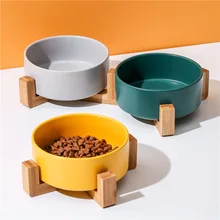 

Ceramic Double Dog Bowl Integrated Wooden Frame To Protect The Cervical Spine High-footed Cat Food Drinking Bowl Pet Supplies