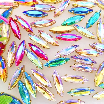 

AB colors 4x15mm Gold claw settings slim Navette Marquis horse eye shape glass Crystal Sew on rhinestone beads applique diy trim