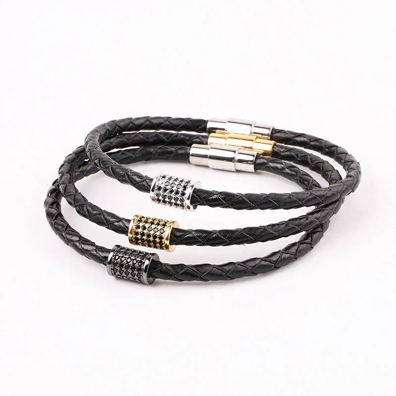 High Quality 316L Stainless Steel Clasp CZ Pave Tube Genuine Leather Bracelet Men Jewelry Gift