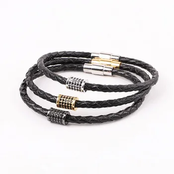 High Quality 316L Stainless Steel Clasp CZ Pave Tube Genuine Leather Bracelet Men Jewelry Gift