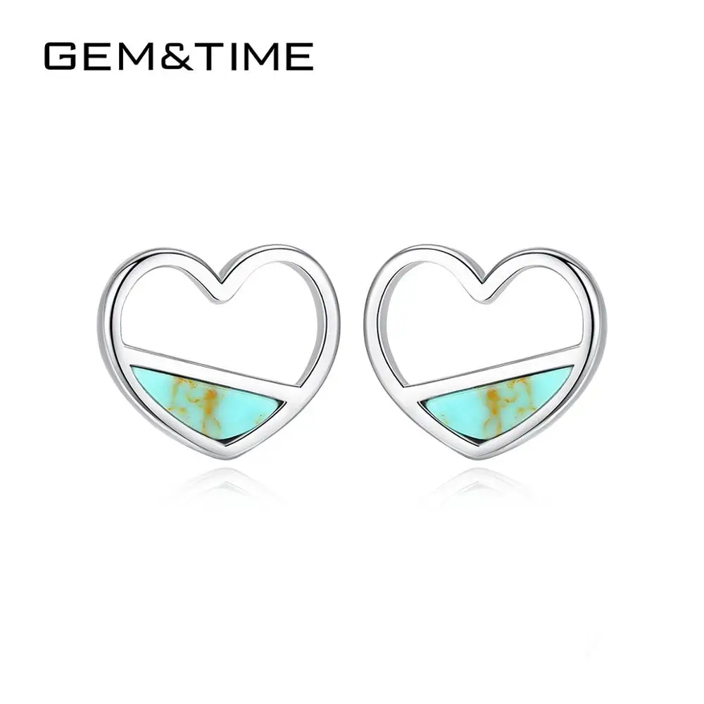 Бренд Gem& Time, бирюзовые серьги-гвоздики в форме сердца, Стерлинговое Серебро 925 пробы, серьги, корейские очаровательные ювелирные серьги SE0407