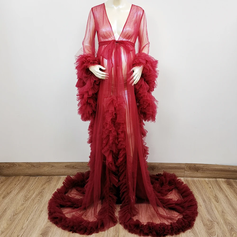 

Soft Tulle Maternity Long Sleeves Floral Dress Pregnancy Gown Photo Shoot Robe for Woman Photography Prop Baby Shower Gift