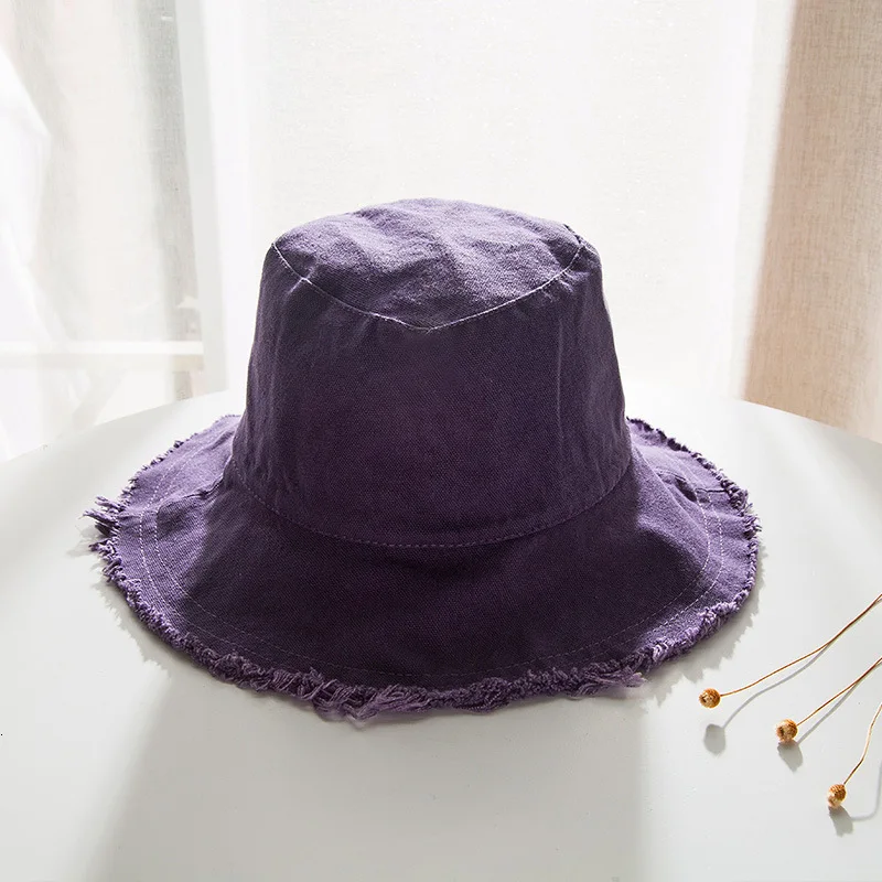 Purple Модная хлопковая льняная Панама, женские одноцветные складные шапки для рыбаков, дамские потертые летние шляпы от солнца, Рыбацкая шапка - Цвет: Purple