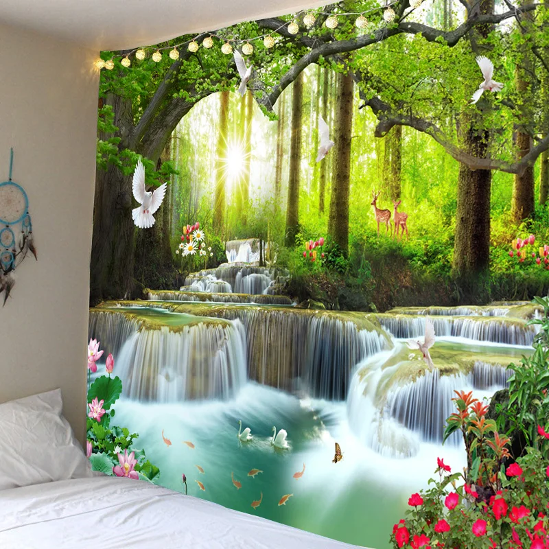 Beautiful natural forest waterfall printed large wall tapestry sea view hippie wall tapestry bohemian mandala tapestry decor