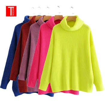 

2020 Winter Women Fluorescence Neon Turtleneck Oversized Sweaters Long Sleeves Loose Comfy Pullovers Solid Colors Tops Sweater