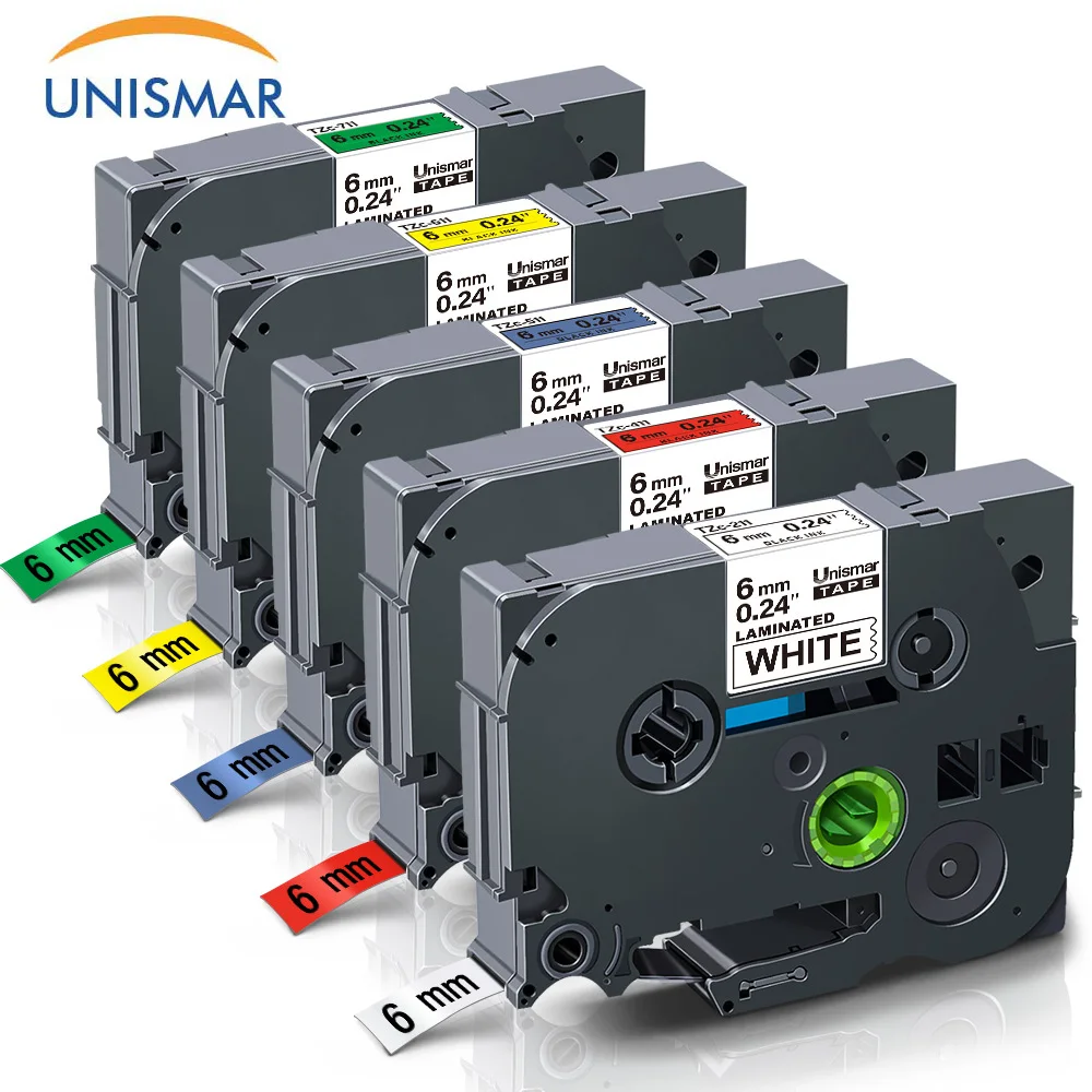 Unismar 5PCS TZe-211 TZe-411 TZe-511 TZe-611 TZe-711 6mm Printer Ribbon Compatible for Brother P-Touch PT-D210 PT-H100 PT-D600 | Компьютеры
