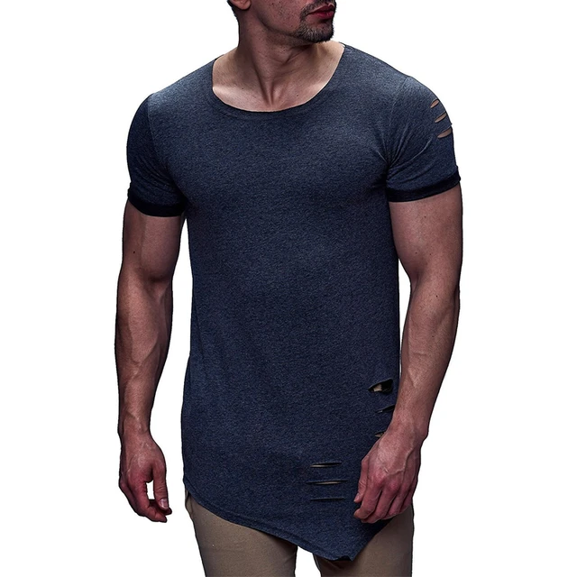 IceLion 2023 New Spring Irregular Hole T Shirt Men Casual Long Fitness T-shirt  Summer Short Sleeve Solid Slim Fit Men's Tshirt - AliExpress