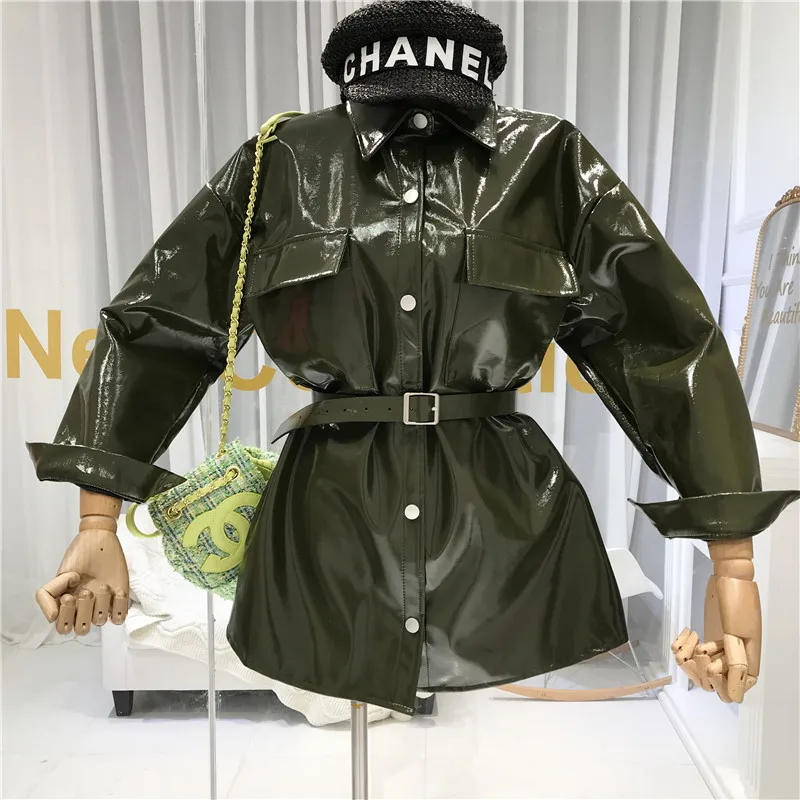 ALPHALMODA осень дизайнерский привлекательный пояс-завязывается яркая одежда из искусственной кожи средней длины пальто Женская мода PU куртка