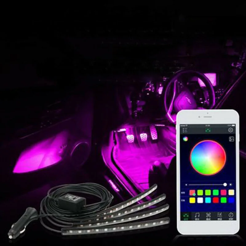 4 шт., 12 В, автомобильный интерьерный светодиодный RGB многоцветный светильник, Полоска, атмосферный телефон, приложение для управления музыкой, комплект, декоративный светильник для салона автомобиля, полоса