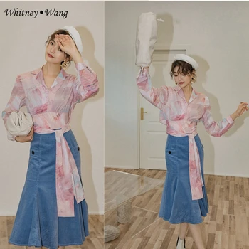 

WHITNEY WANG Blouses 2020 Spring Fashion Elegant Notched Sashes Printed Blouse Women Blusas Lady Shirt Top