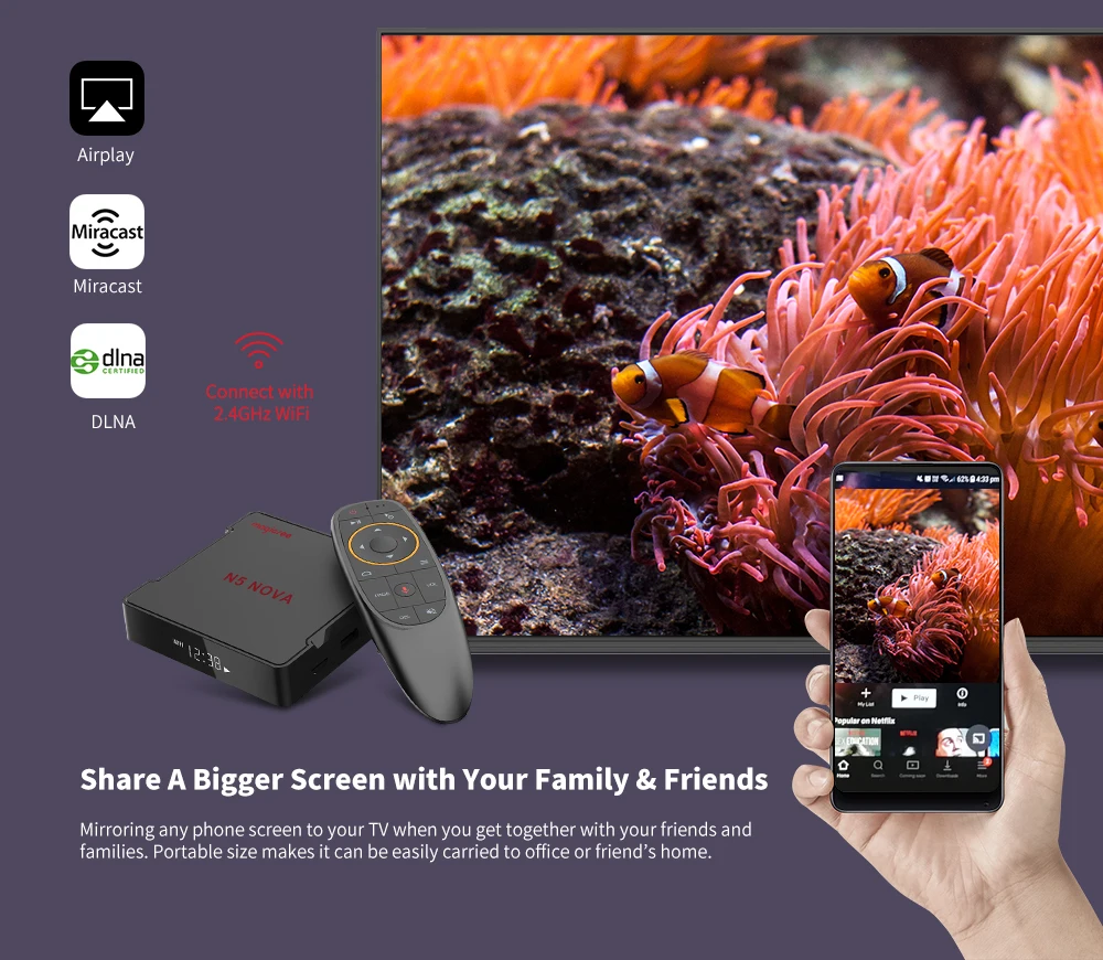 Magicsee N5 NOVA Android 9.0 TV Box Rockchip3318 4GB RAM+64GB ROM 2.4GHz+5GHz WiFi Bluetooth 4.0 Support 4K 2.4G Voice Remote