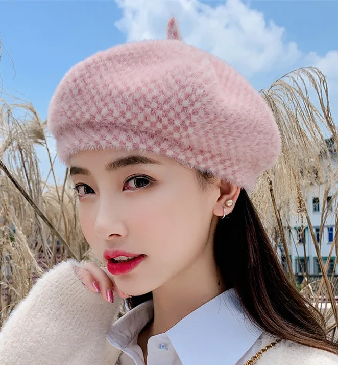 beret ladies autumn winter imitation fur warm hat wild painter cap girl hat fashion - Цвет: xuanzhiqi pink